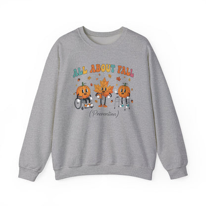 Sport grey All About Fall Prevention sweatshirt with retro pumpkin and leaf characters