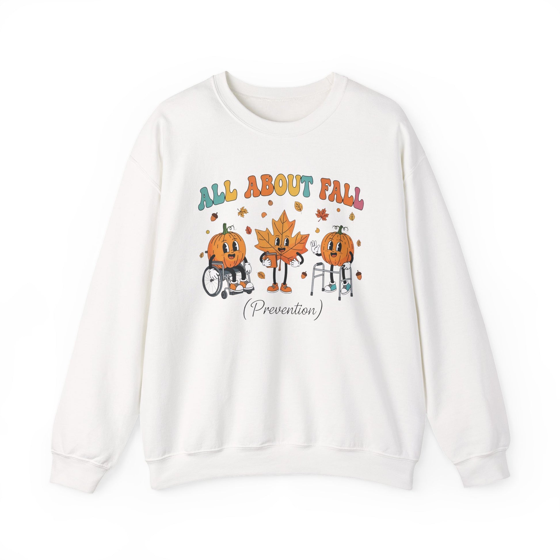 White All About Fall Prevention sweatshirt with retro pumpkin and leaf characters