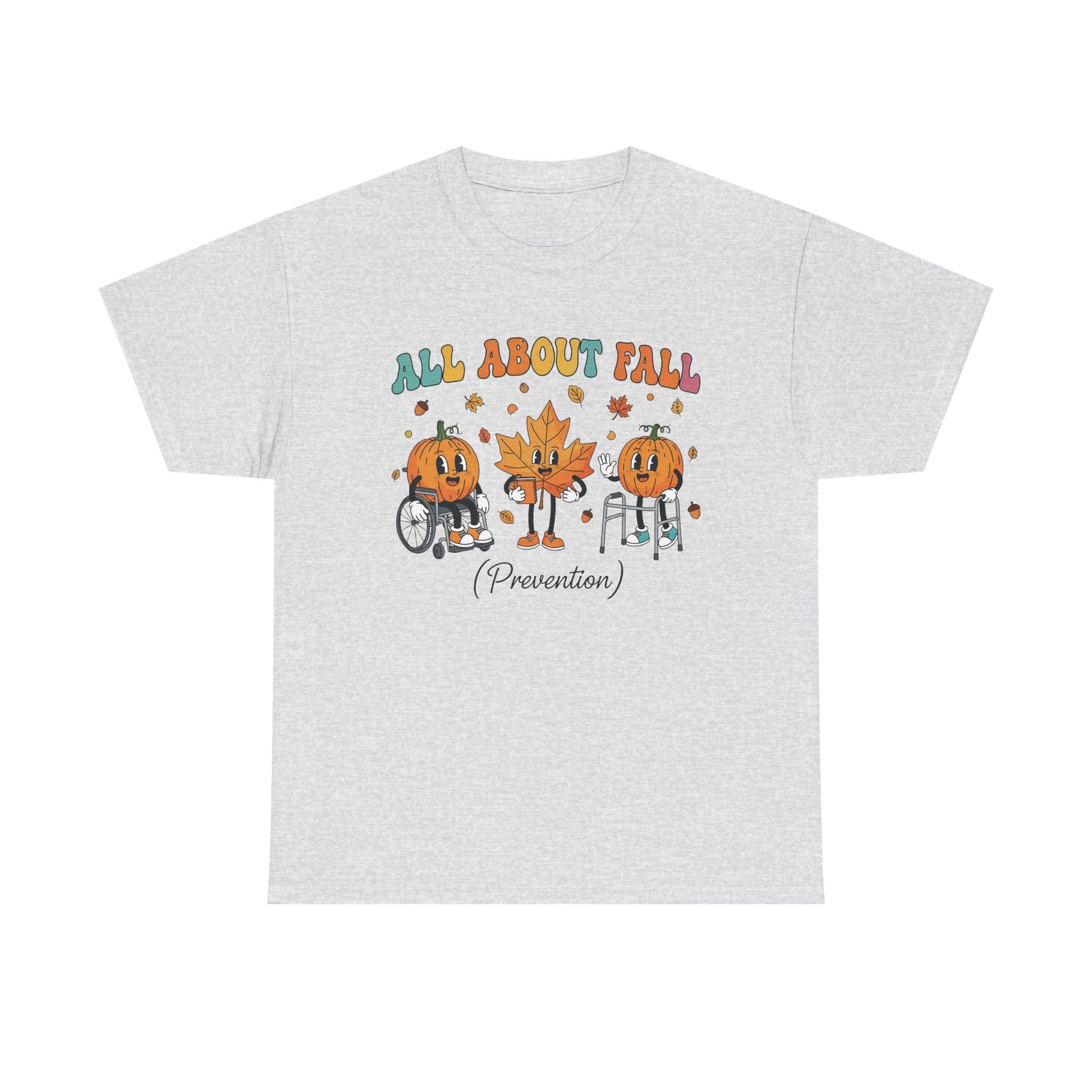 Ash grey All About Fall Prevention t-shirt with retro pumpkin and leaf characters
