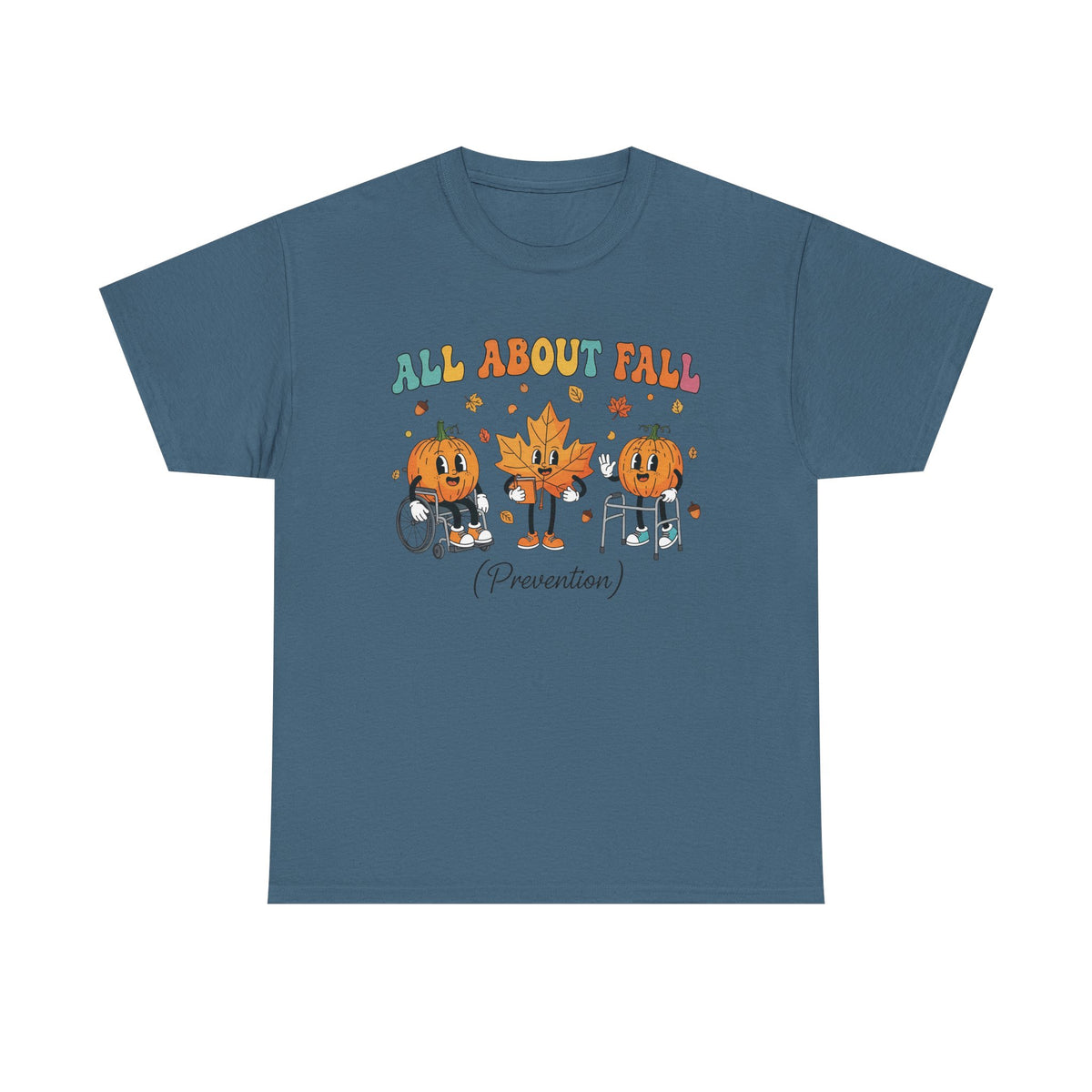 Indigo blue All About Fall Prevention t-shirt with retro pumpkin and leaf characters