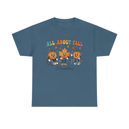 Indigo blue All About Fall Prevention t-shirt with retro pumpkin and leaf characters