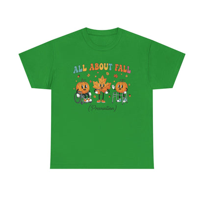 Irish green All About Fall Prevention t-shirt with retro pumpkin and leaf characters