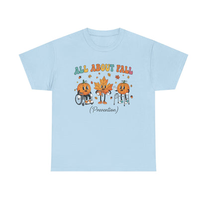 Light blue All About Fall Prevention t-shirt with retro pumpkin and leaf characters