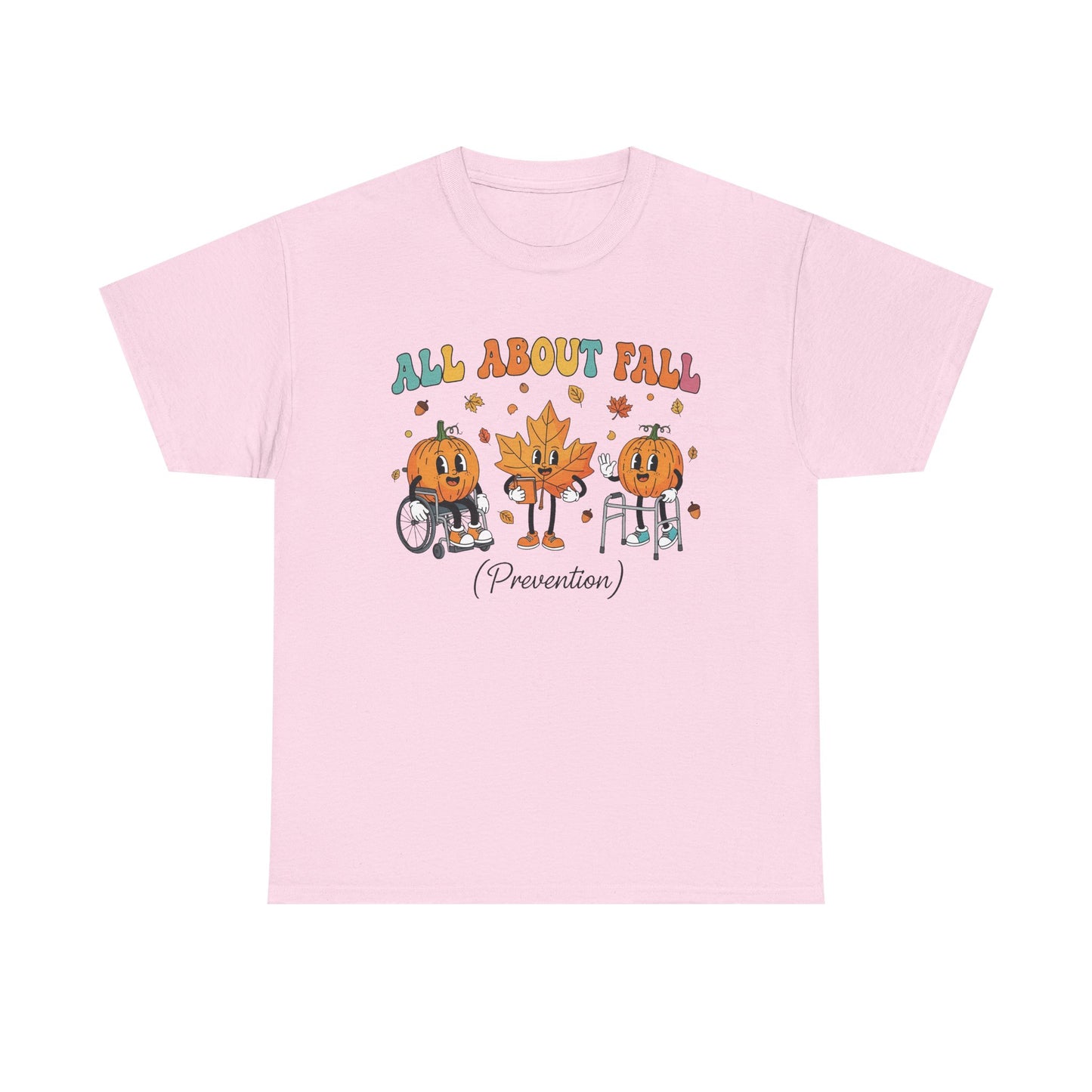 Light pink All About Fall Prevention t-shirt with retro pumpkin and leaf characters