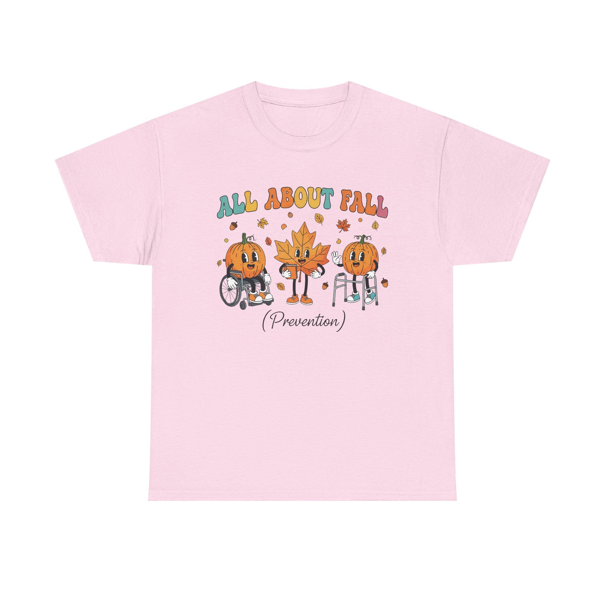 Light pink All About Fall Prevention t-shirt with retro pumpkin and leaf characters