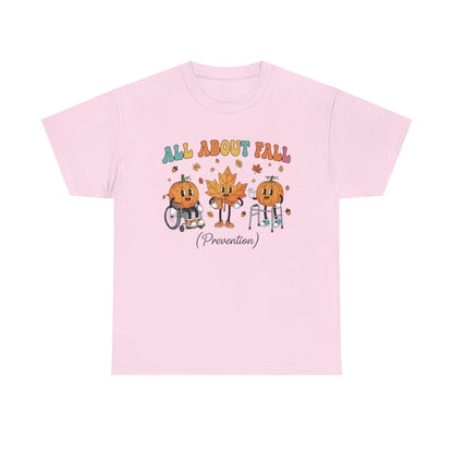 Light pink All About Fall Prevention t-shirt with retro pumpkin and leaf characters