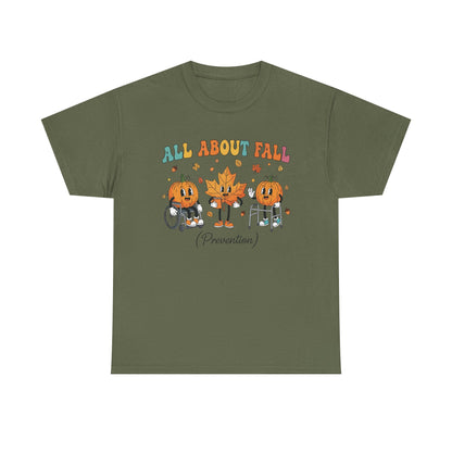 Military green All About Fall Prevention t-shirt with retro pumpkin and leaf characters