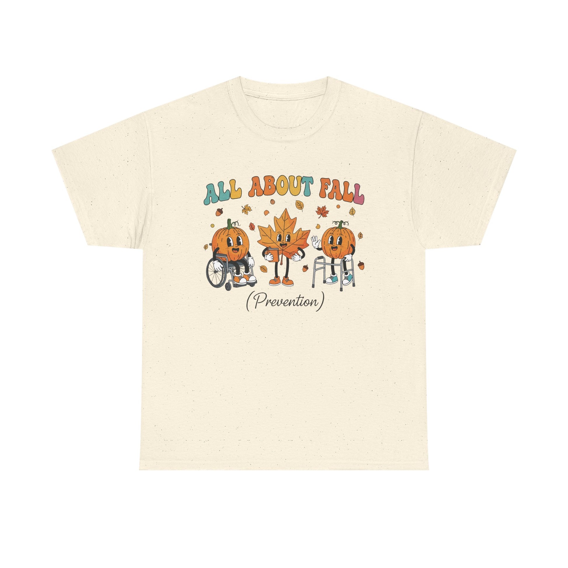 Natural All About Fall Prevention t-shirt with retro pumpkin and leaf characters