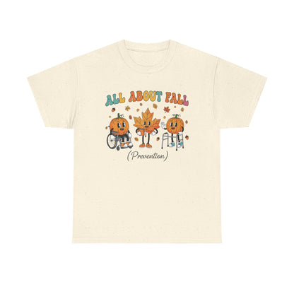 Natural All About Fall Prevention t-shirt with retro pumpkin and leaf characters