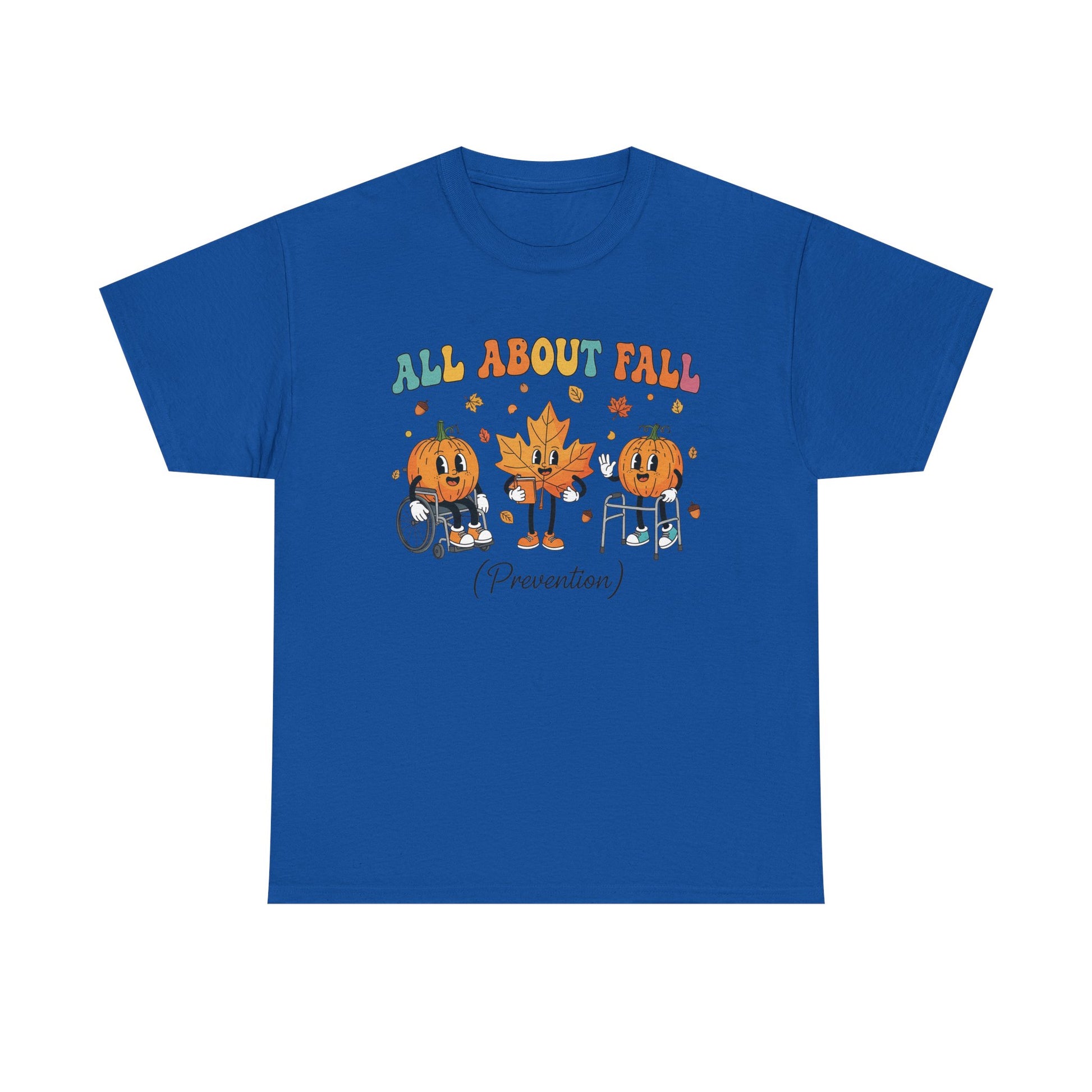 Royal blue All About Fall Prevention t-shirt with retro pumpkin and leaf characters