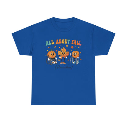 Royal blue All About Fall Prevention t-shirt with retro pumpkin and leaf characters