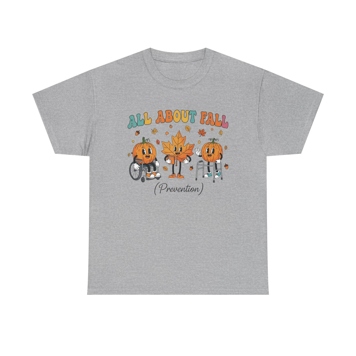 Sport grey All About Fall Prevention t-shirt with retro pumpkin and leaf characters