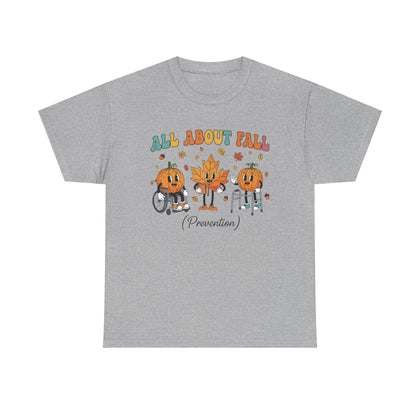 Sport grey All About Fall Prevention t-shirt with retro pumpkin and leaf characters
