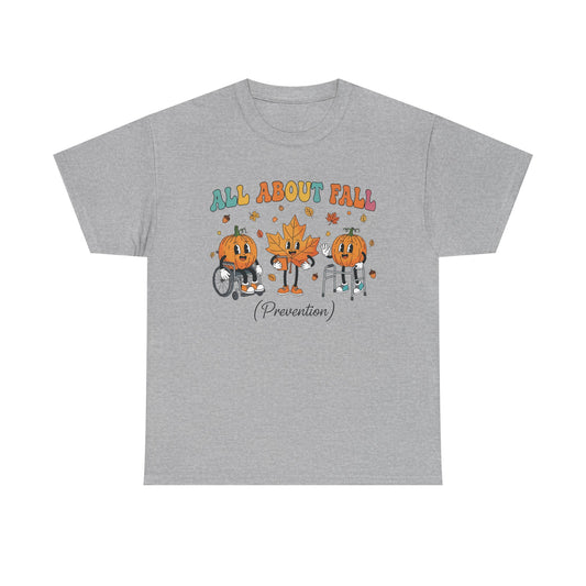 Sport grey All About Fall Prevention t-shirt with retro pumpkin and leaf characters