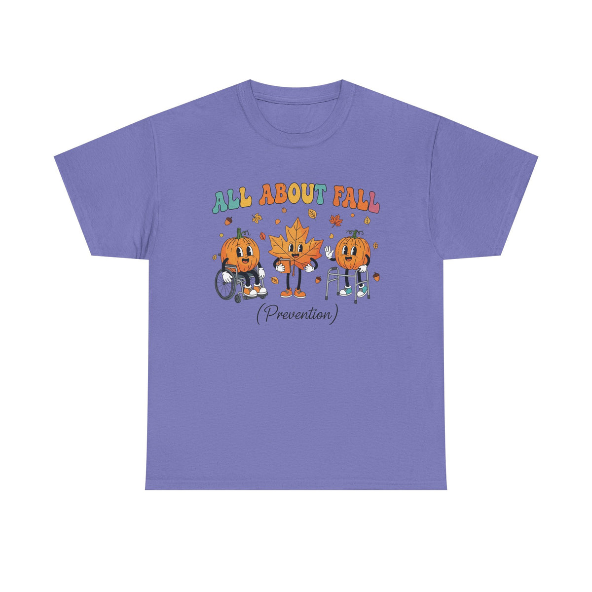 Violet All About Fall Prevention t-shirt with retro pumpkin and leaf characters