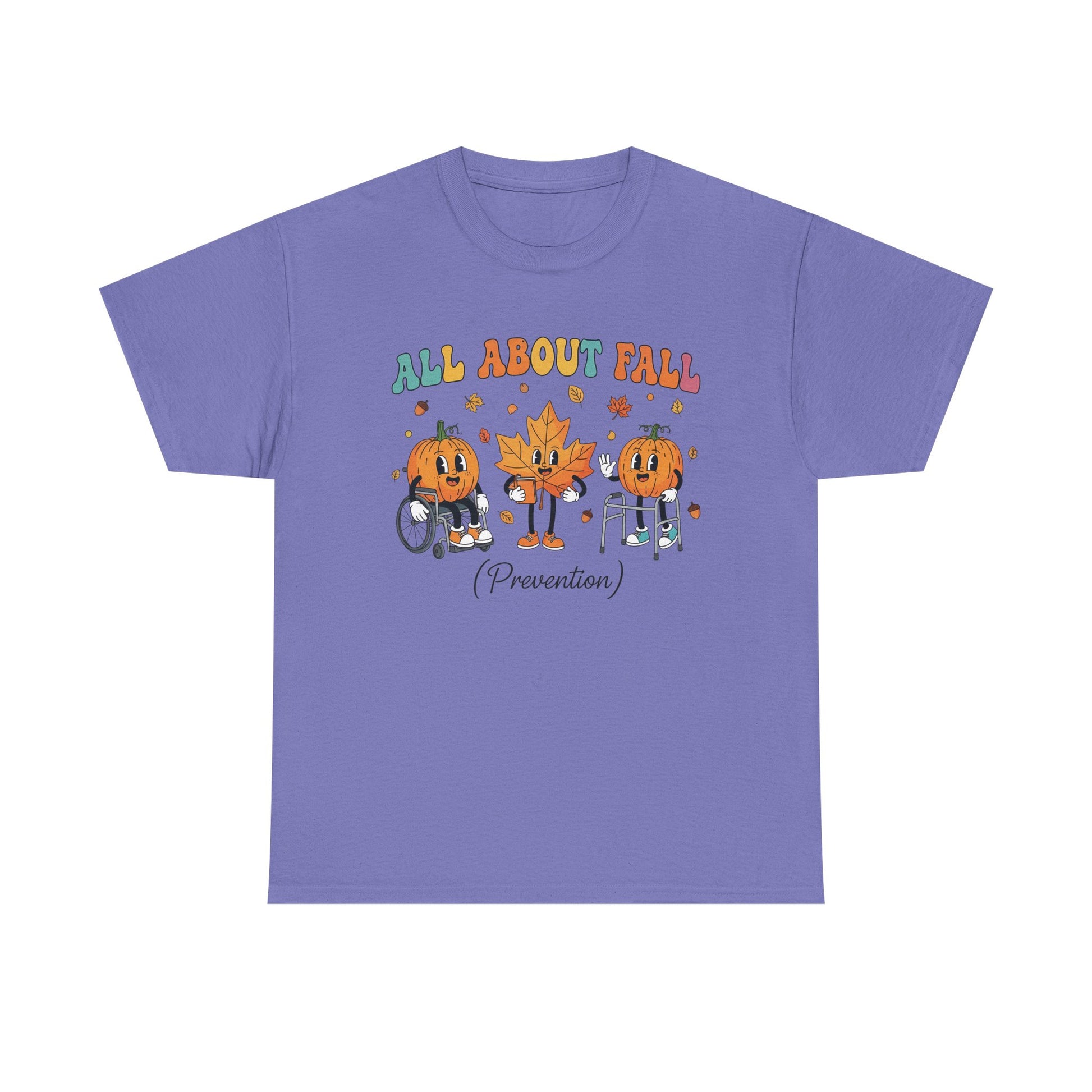 Violet All About Fall Prevention t-shirt with retro pumpkin and leaf characters