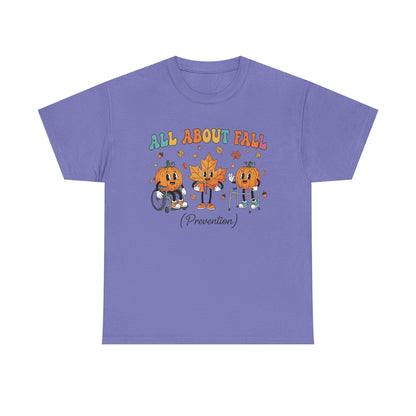 Violet All About Fall Prevention t-shirt with retro pumpkin and leaf characters