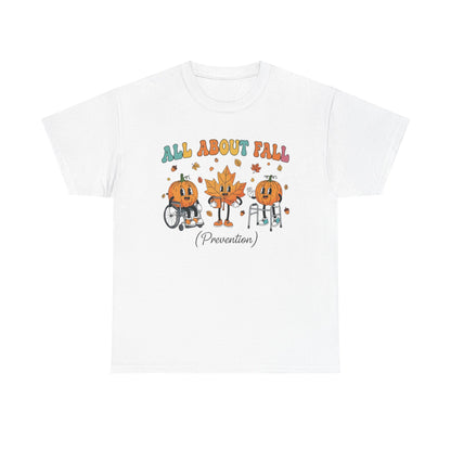 White All About Fall Prevention t-shirt with retro pumpkin and leaf characters