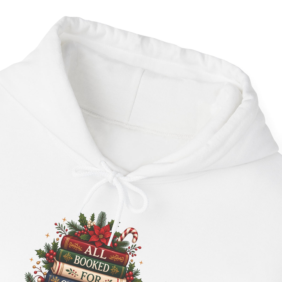 All Booked For Christmas Book Lover Hoodie, front collar close-up