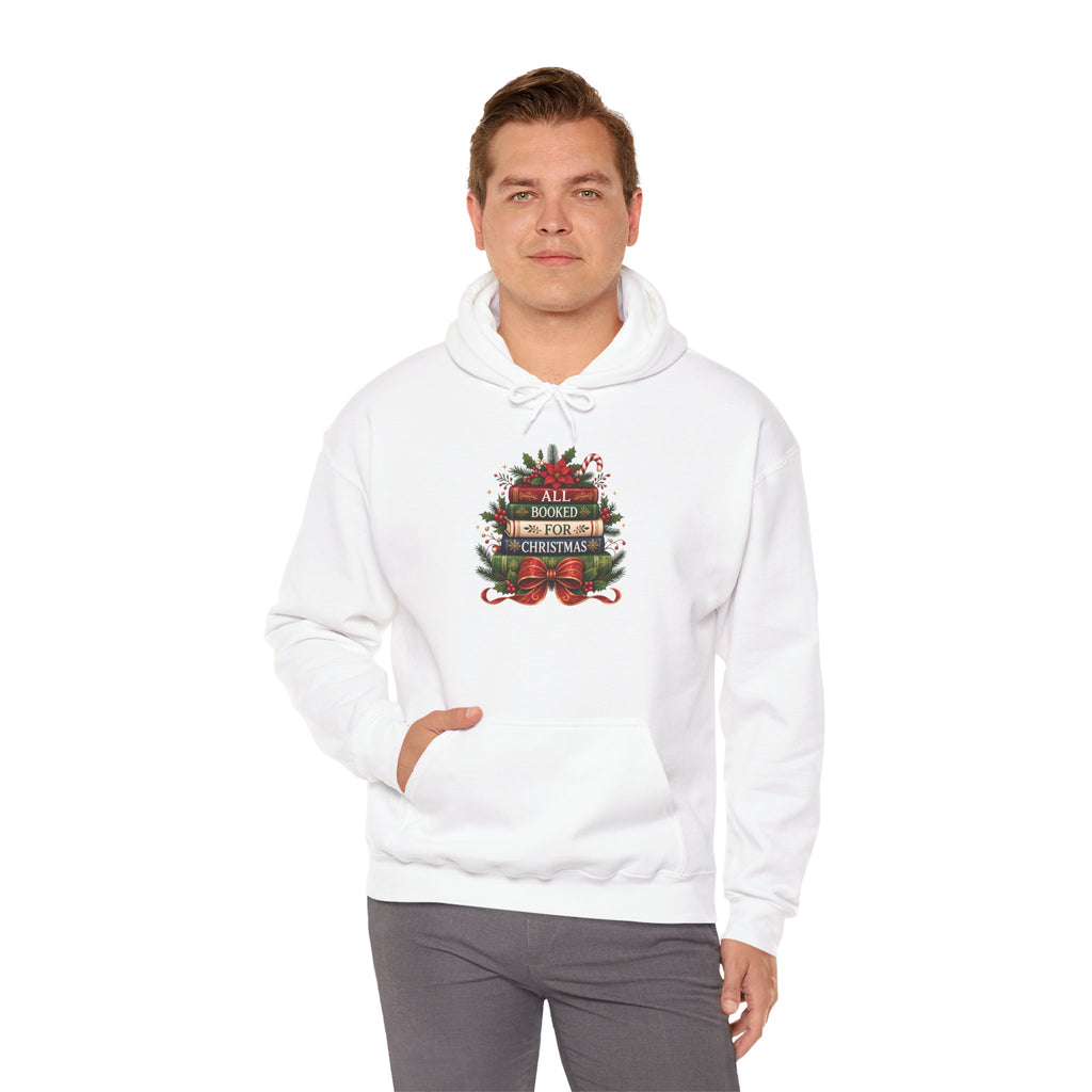 Model wearing the white All Booked For Christmas Book Lover Hoodie