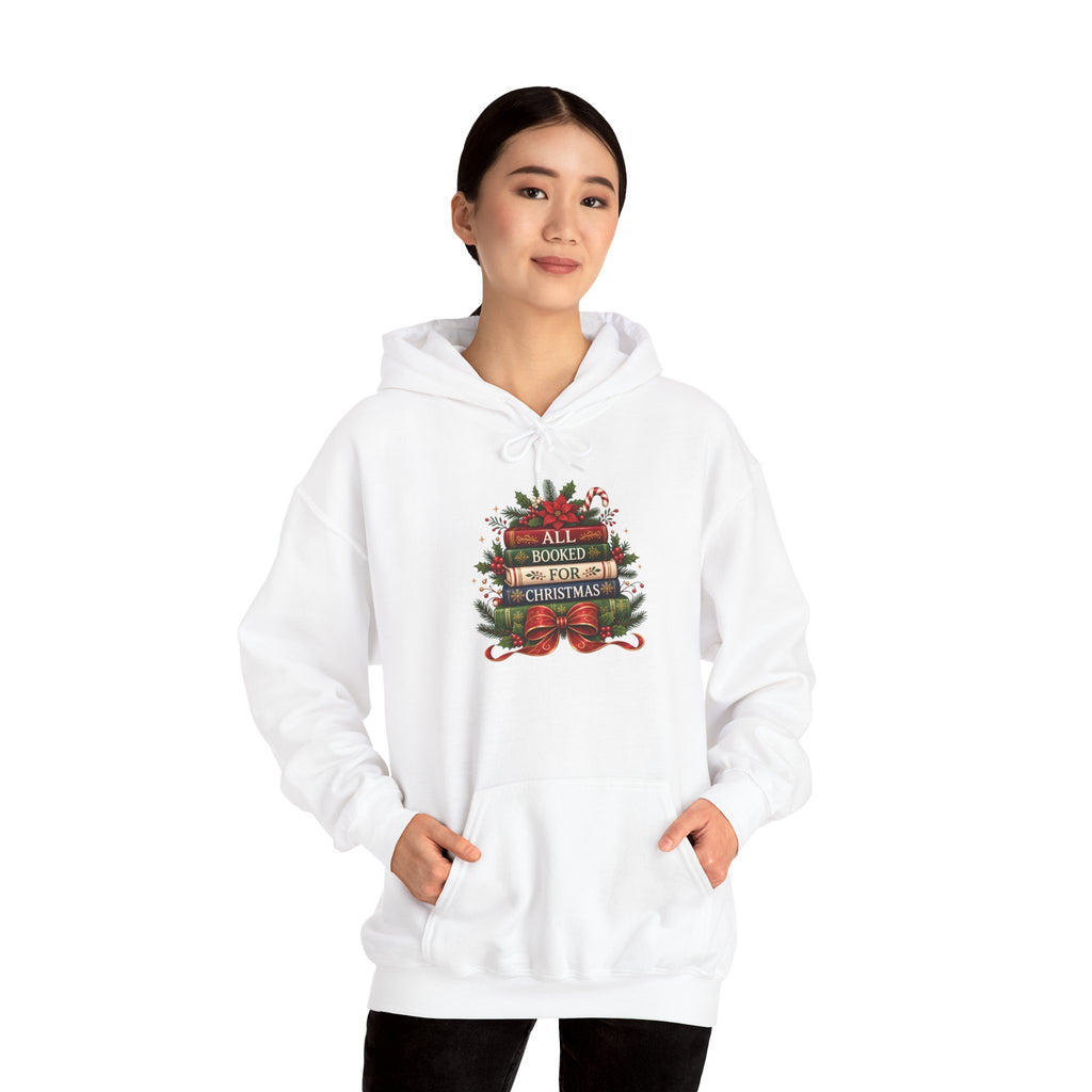 Model wearing the white All Booked For Christmas Book Lover Hoodie