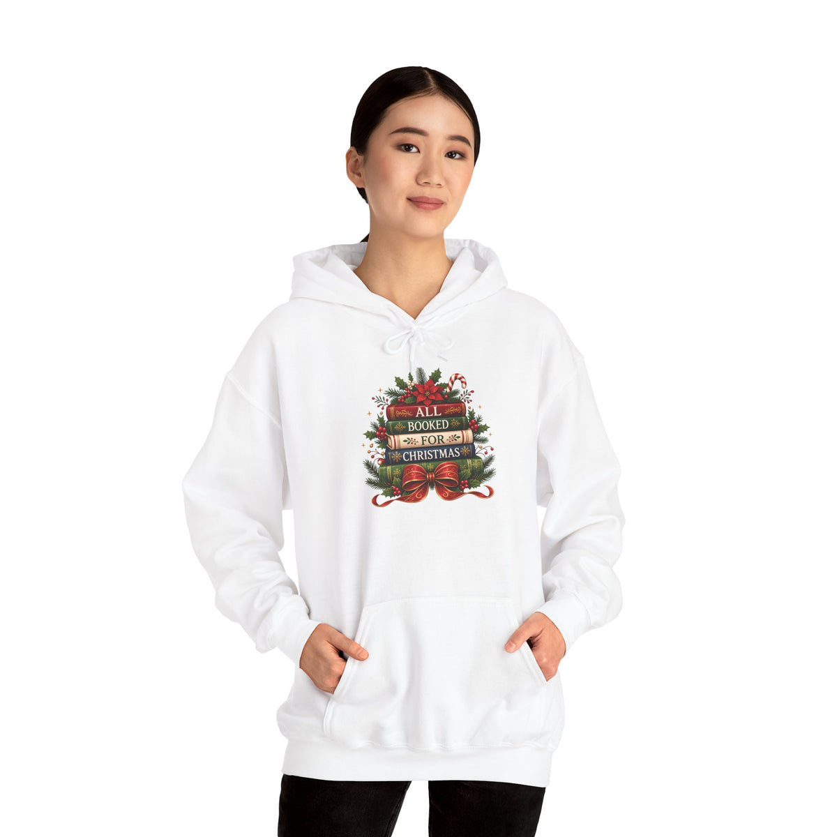 Model wearing the white All Booked For Christmas Book Lover Hoodie