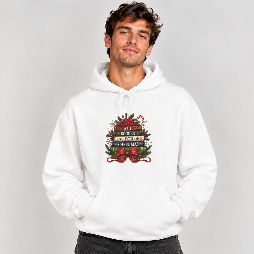 Man wearing the White All Booked For Christmas Book Lover Hoodie