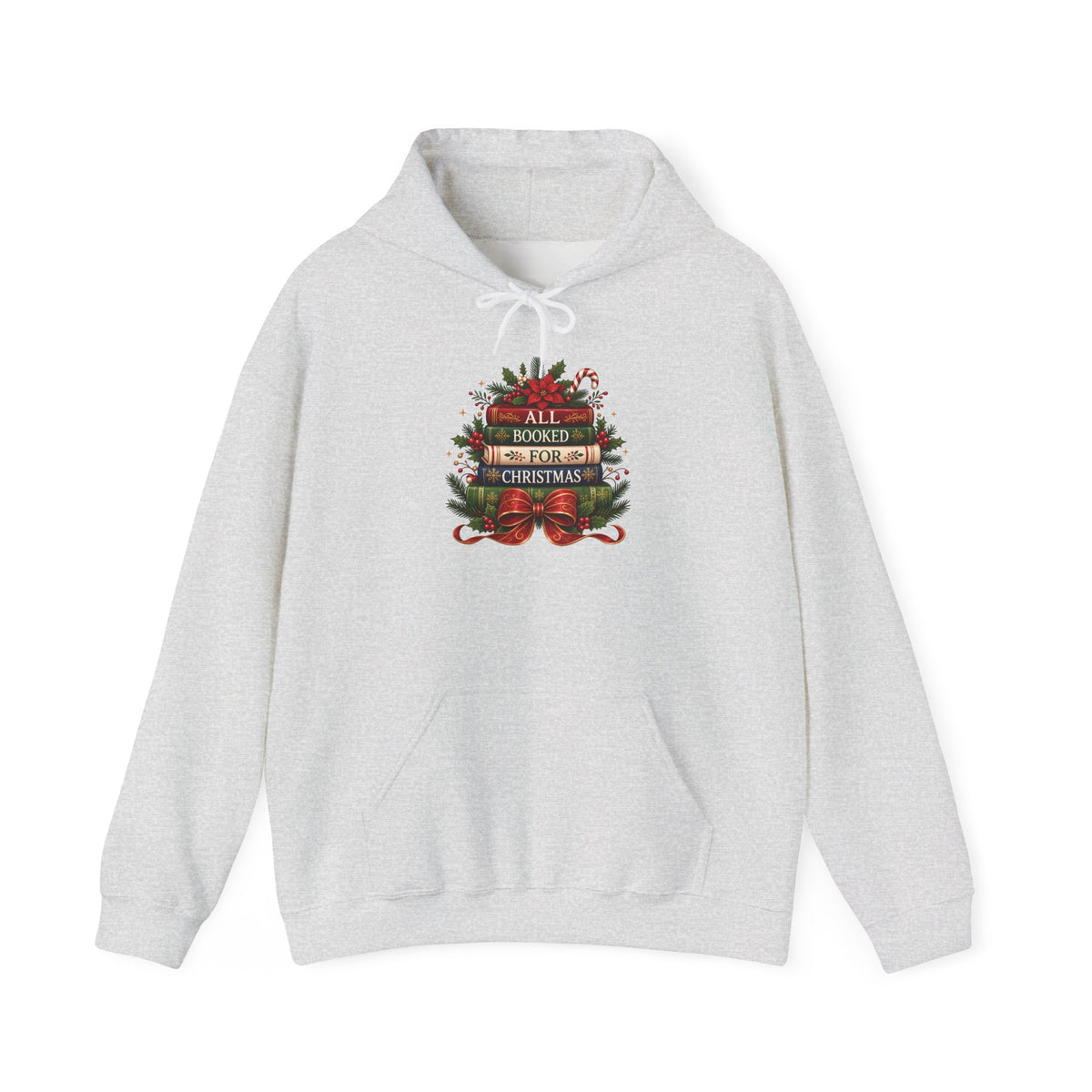 Ash All Booked For Christmas hoodie with a stack of vintage books, poinsettia and red bow, front view