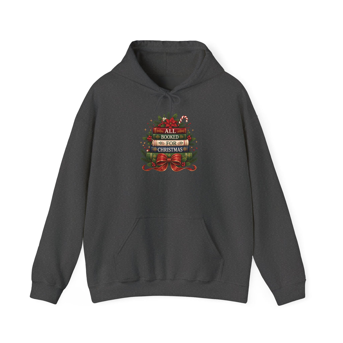 Dark Heather All Booked For Christmas hoodie with a stack of vintage books, poinsettia and red bow, front view