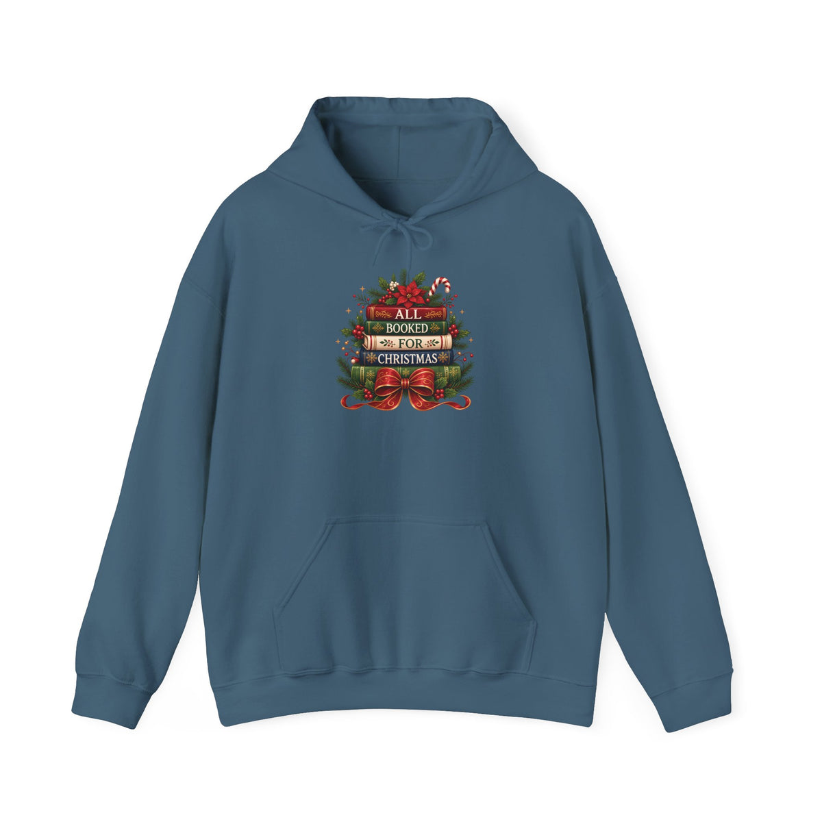 Indigo Blue All Booked For Christmas hoodie with a stack of vintage books, poinsettia and red bow, front view