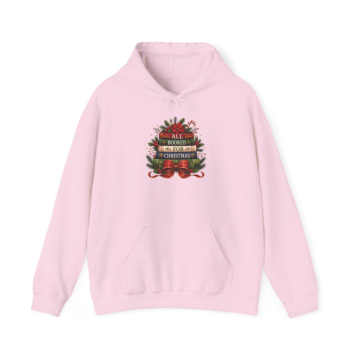 Light Pink All Booked For Christmas hoodie with a stack of vintage books, poinsettia and red bow, front view