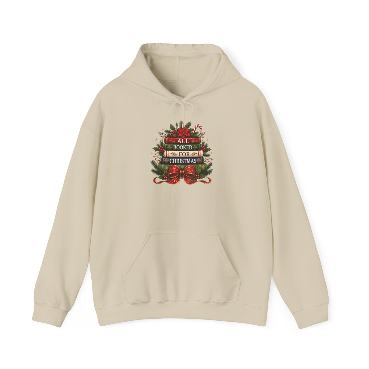 Sand All Booked For Christmas hoodie with a stack of vintage books, poinsettia and red bow, front view