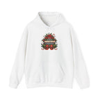 White All Booked For Christmas hoodie with a stack of vintage books, poinsettia and red bow, front view