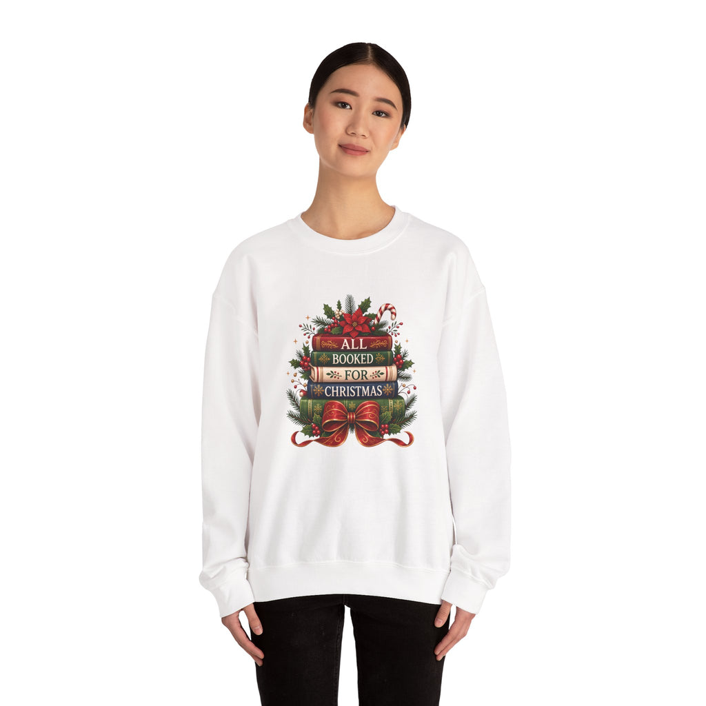 Model wearing the white All Booked For Christmas Book Lover Sweatshirt