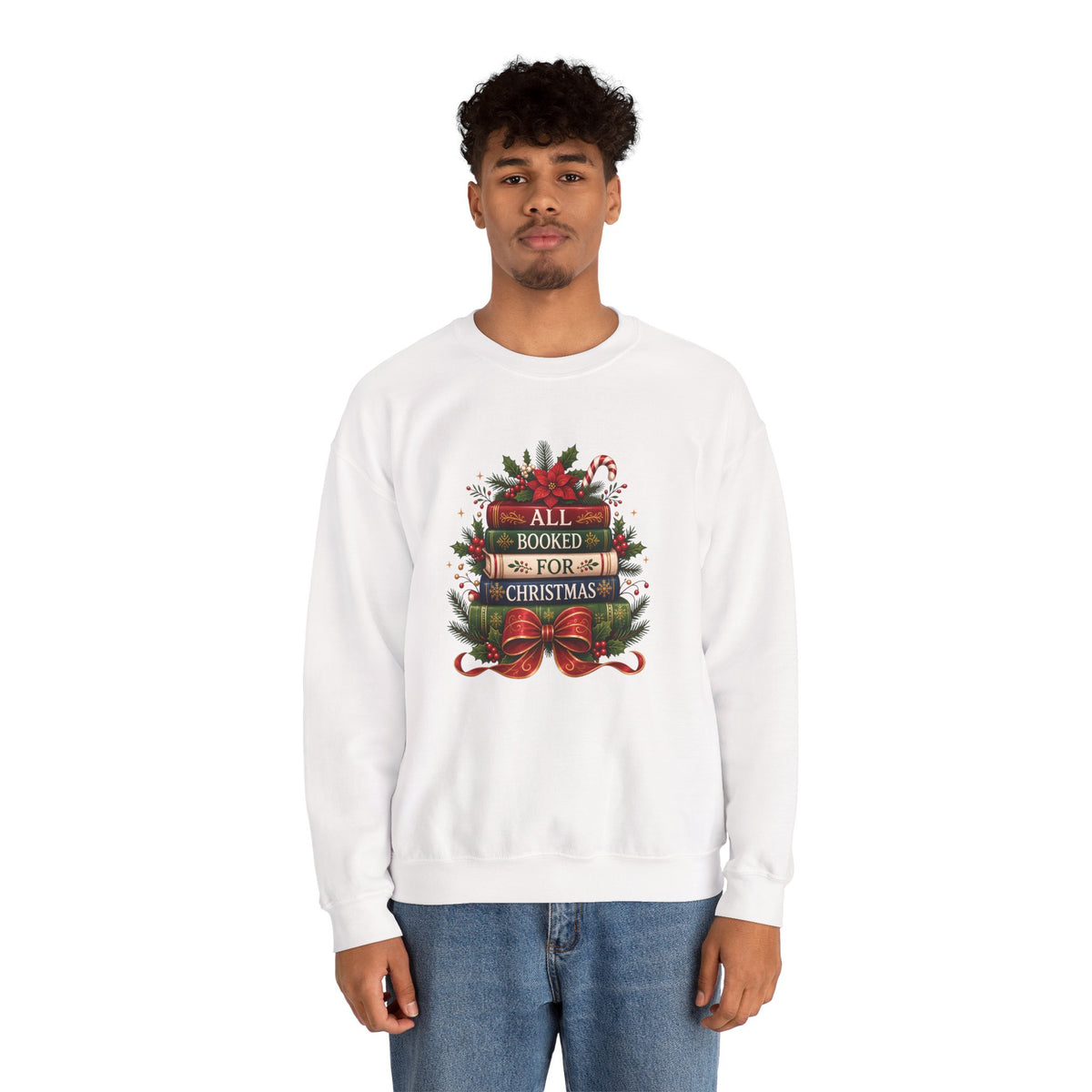 Model wearing the white All Booked For Christmas Book Lover Sweatshirt