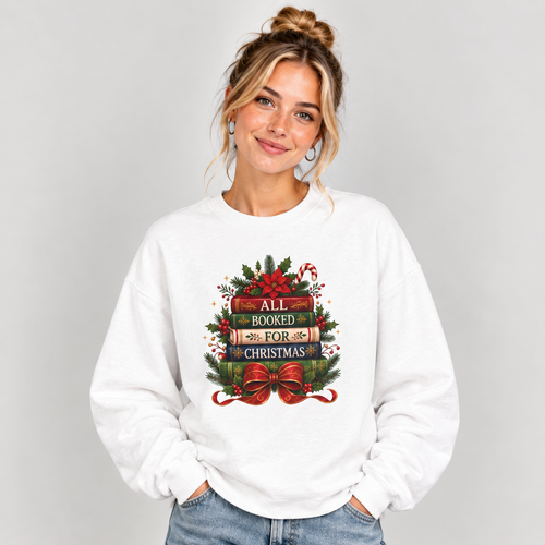 Woman wearing the White All Booked For Christmas Book Lover Sweatshirt with jeans