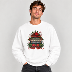 Man wearing the White All Booked For Christmas Book Lover Sweatshirt