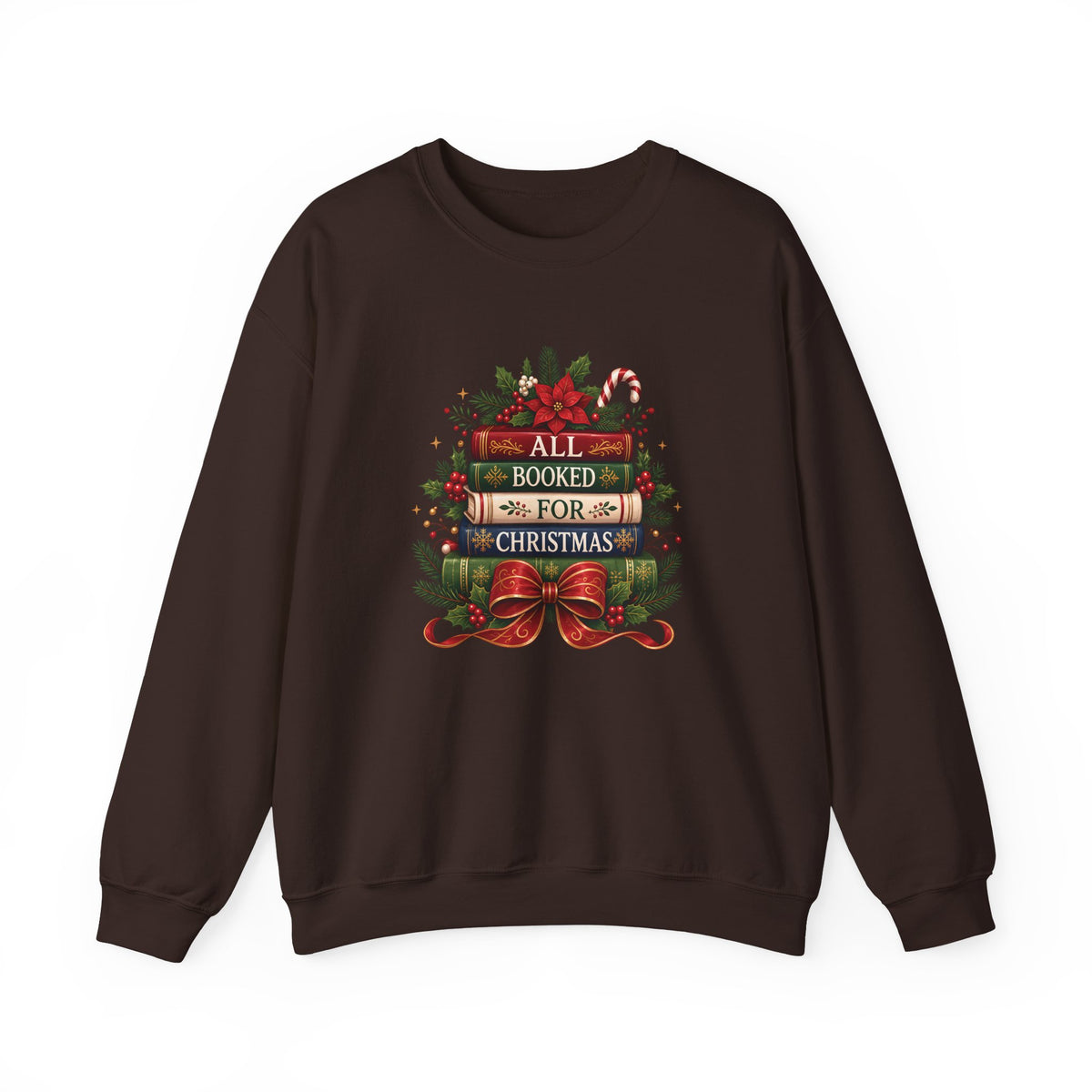 Dark Chocolate All Booked For Christmas sweatshirt with a stack of vintage books, poinsettia and red bow, front view