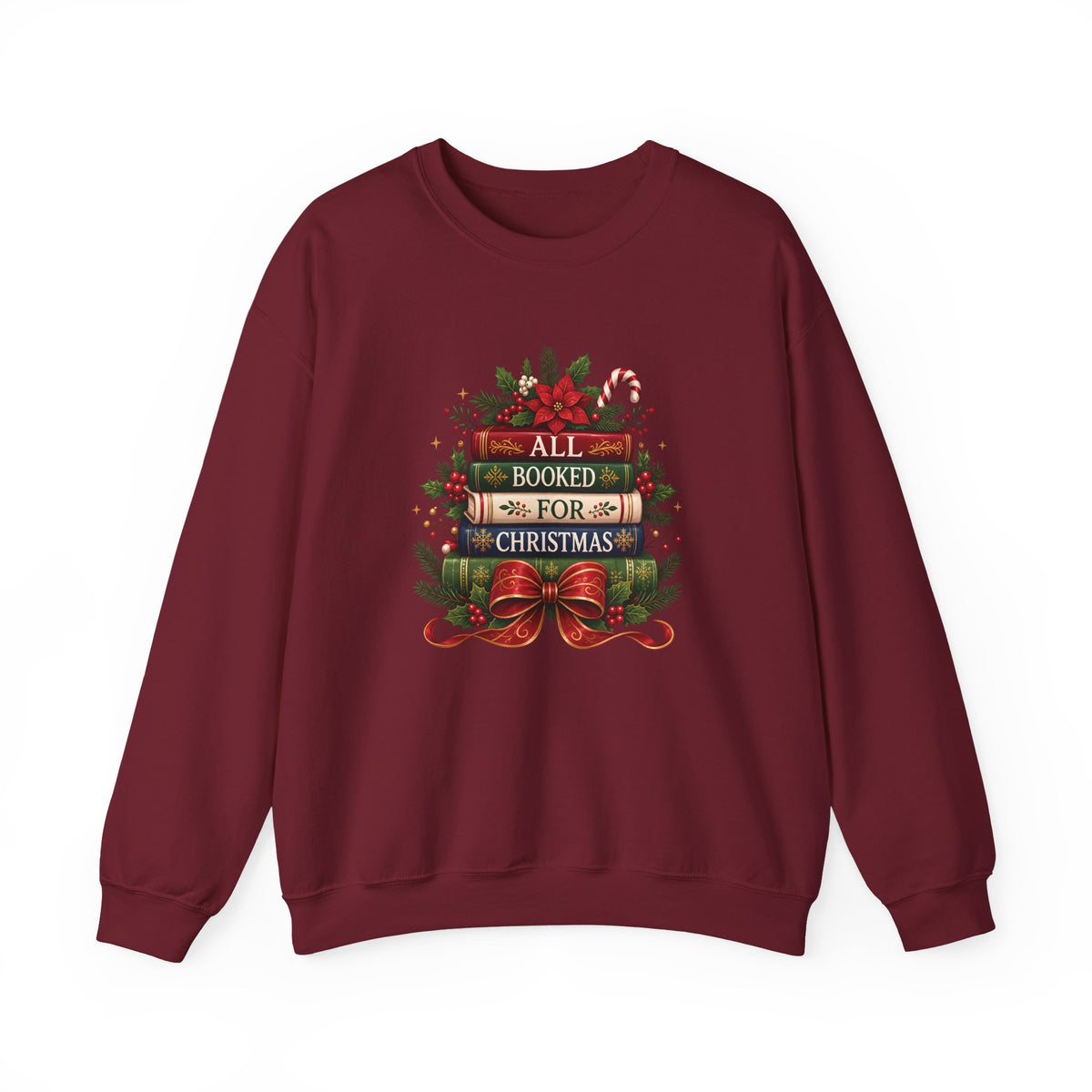 Garnet All Booked For Christmas sweatshirt with a stack of vintage books, poinsettia and red bow, front view