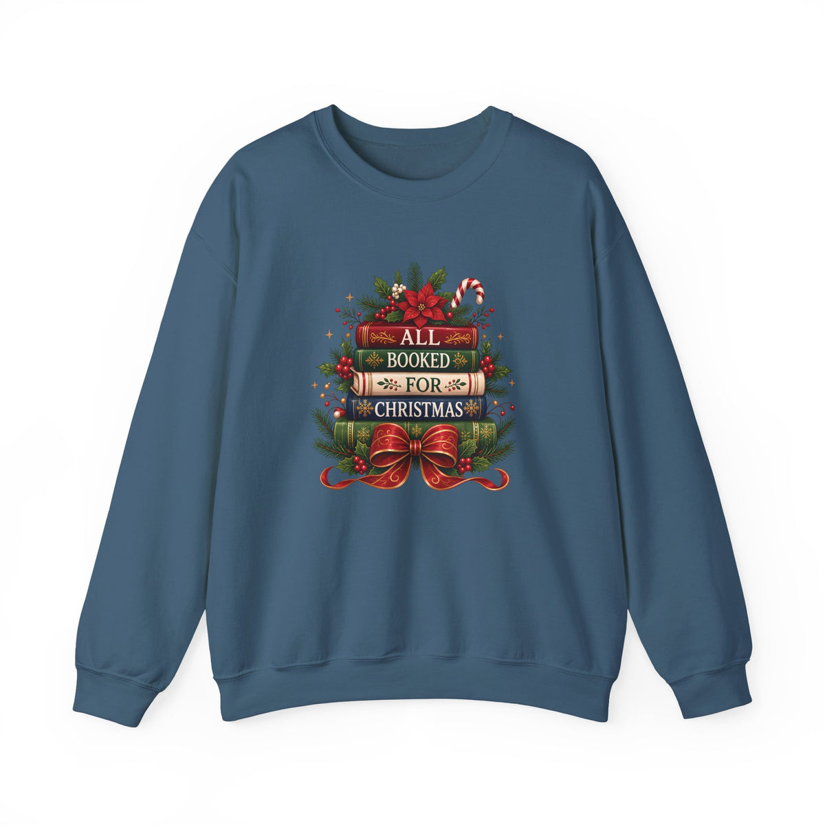 Indigo Blue All Booked For Christmas sweatshirt with a stack of vintage books, poinsettia and red bow, front view
