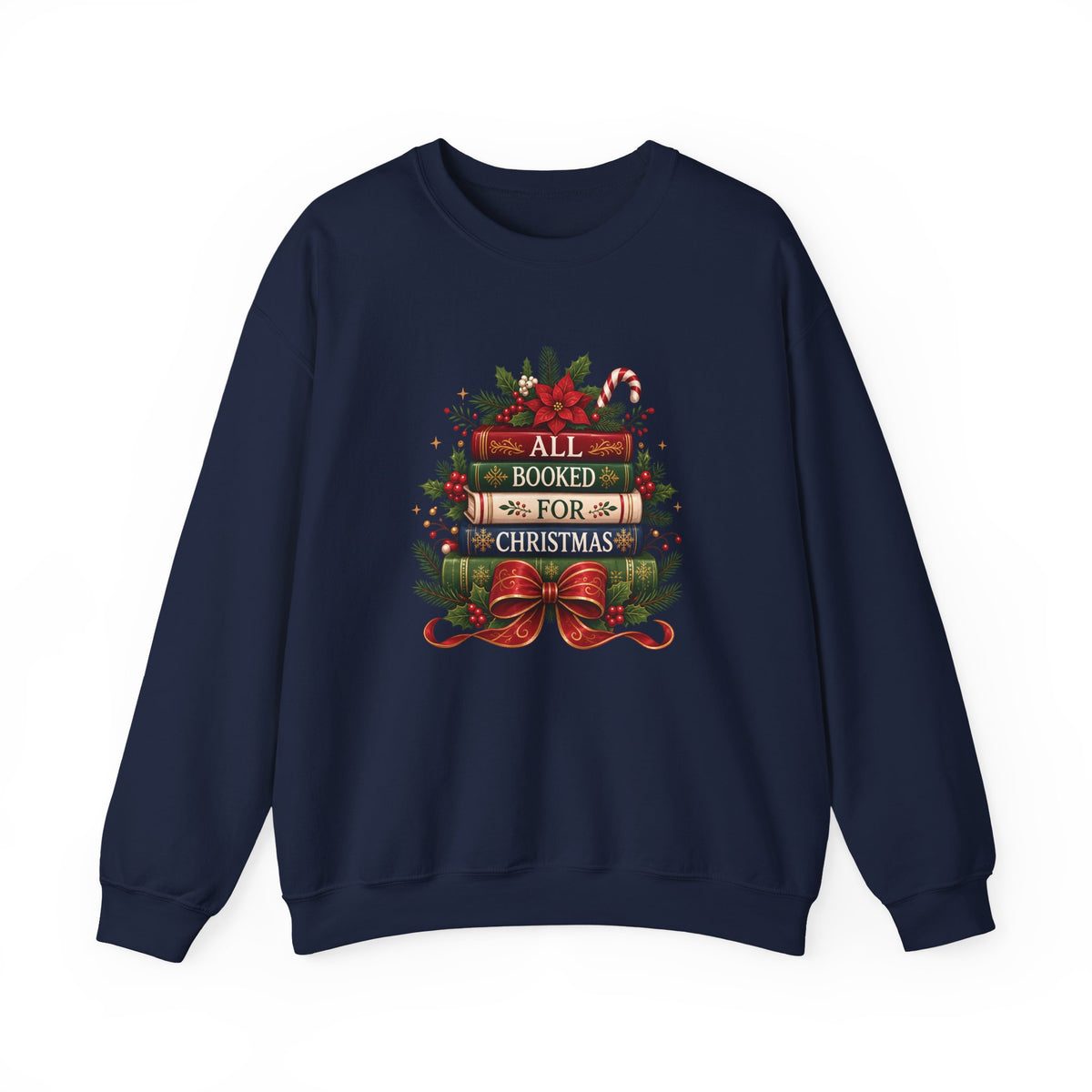 Navy All Booked For Christmas sweatshirt with a stack of vintage books, poinsettia and red bow, front view