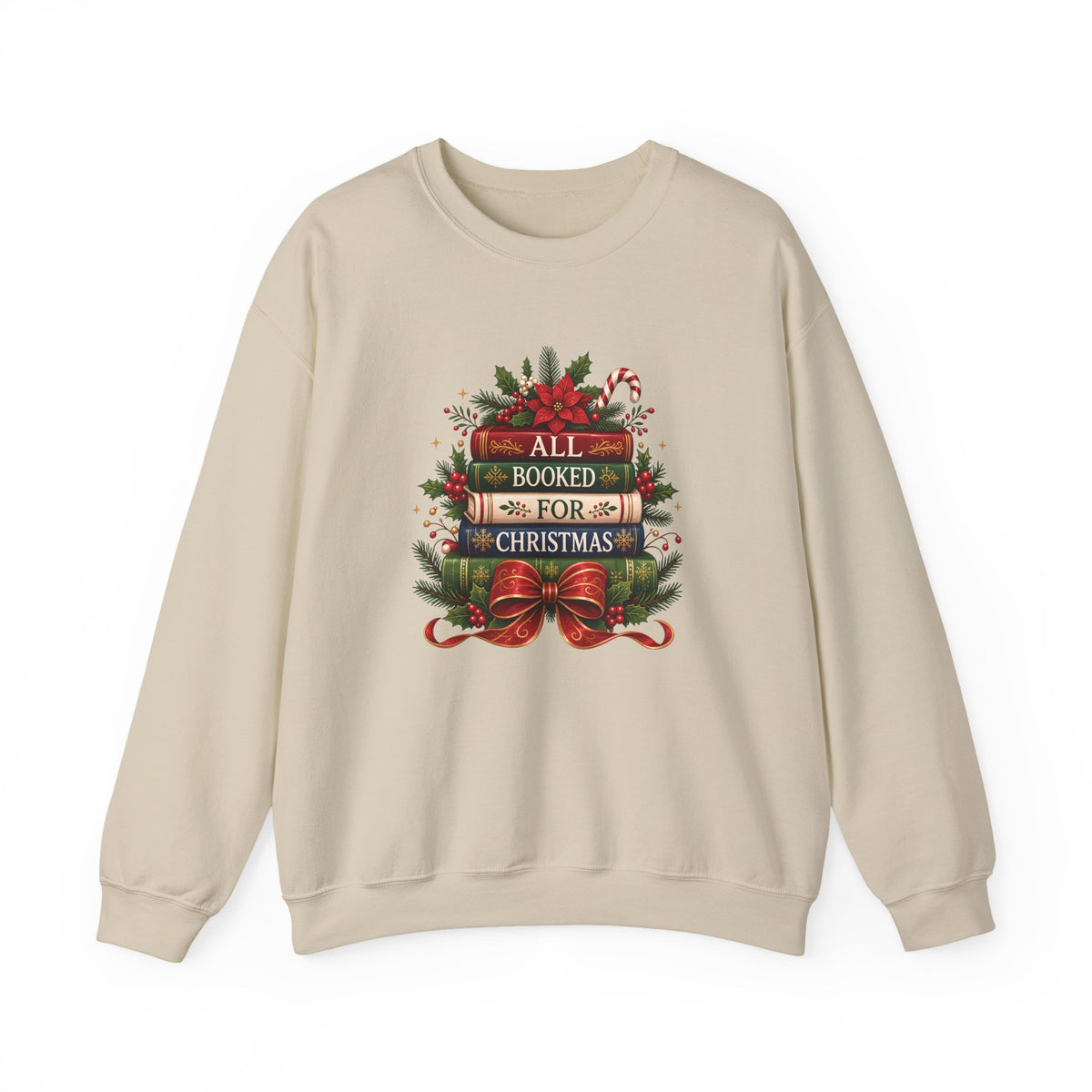 Sand All Booked For Christmas sweatshirt with a stack of vintage books, poinsettia and red bow, front view
