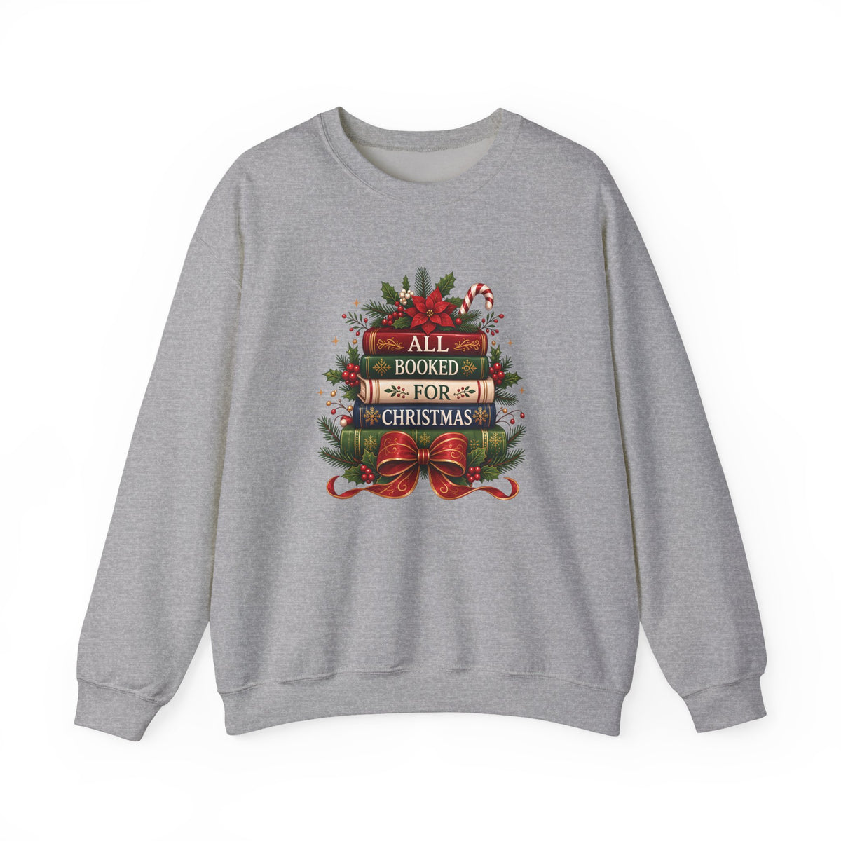 Sport Grey All Booked For Christmas sweatshirt with a stack of vintage books, poinsettia and red bow, front view