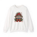White All Booked For Christmas sweatshirt with a stack of vintage books, poinsettia and red bow, front view