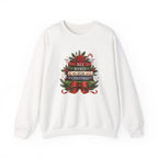 White All Booked For Christmas sweatshirt with a stack of vintage books, poinsettia and red bow, front view