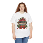Model wearing the white All Booked For Christmas Book Lover T-Shirt