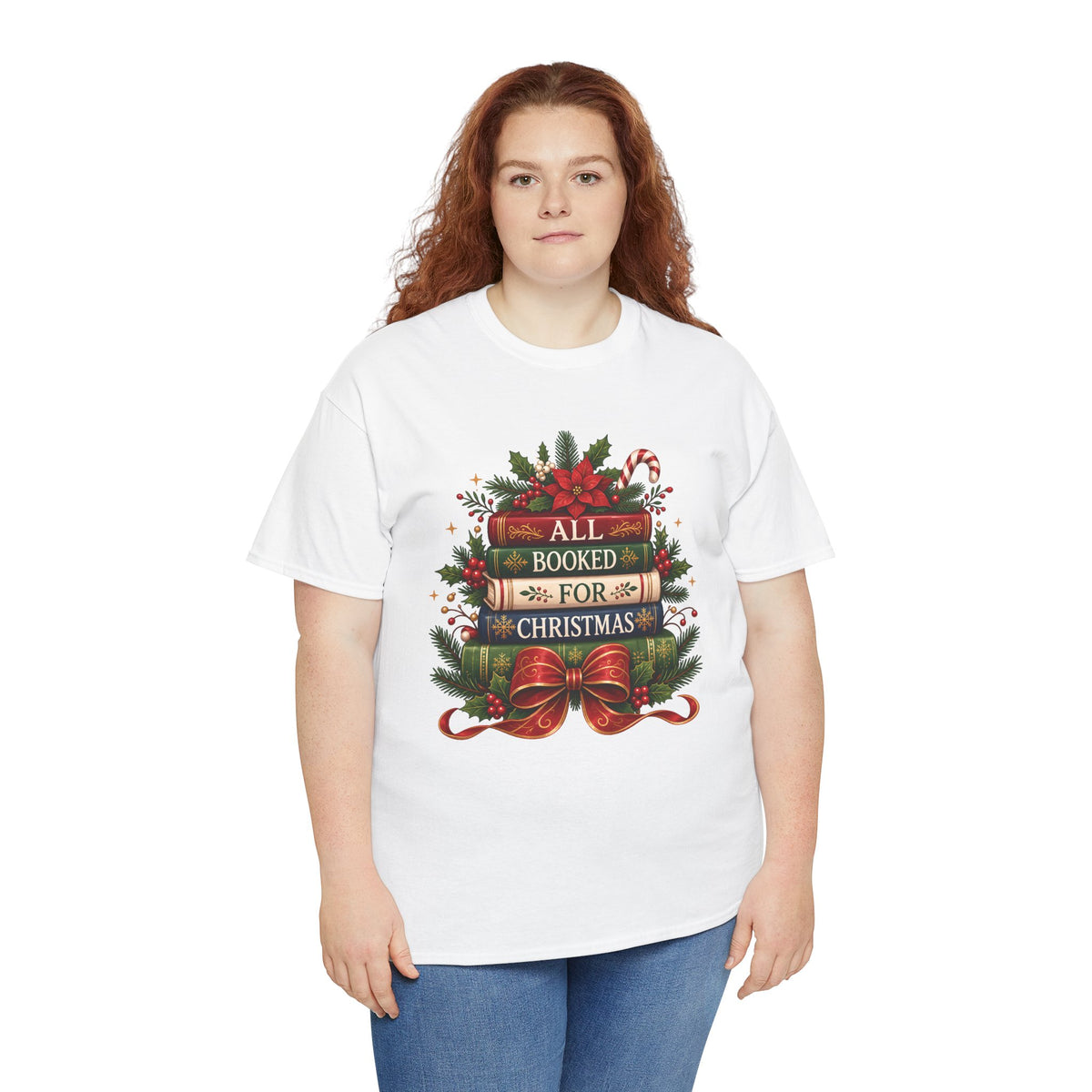 Model wearing the white All Booked For Christmas Book Lover T-Shirt