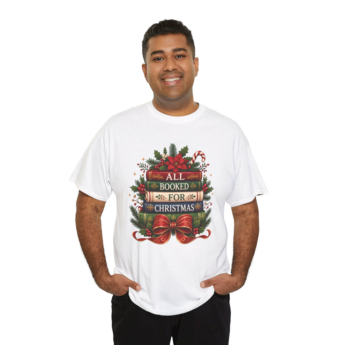 Model wearing the white All Booked For Christmas Book Lover T-Shirt