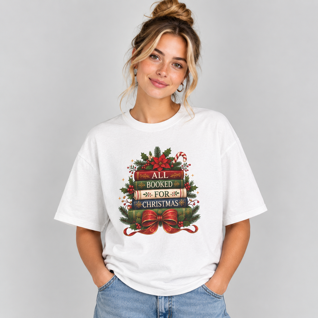 Woman wearing the White All Booked For Christmas Book Lover T-Shirt with jeans