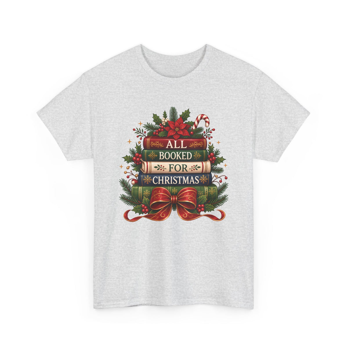 Ash All Booked For Christmas t-shirt with a stack of vintage books, poinsettia and red bow, front view